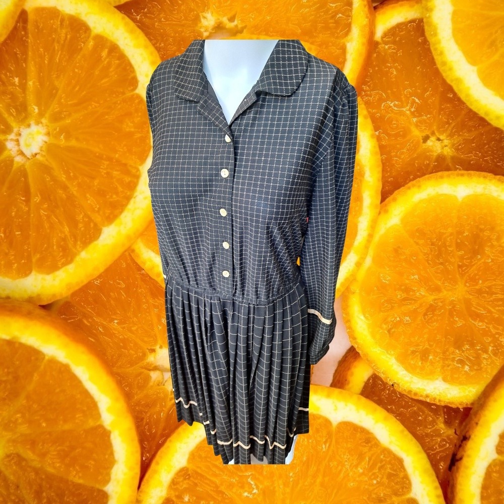 Ms Sugar Womens Black Grid Pattern Button Up Collared Pleated Dress